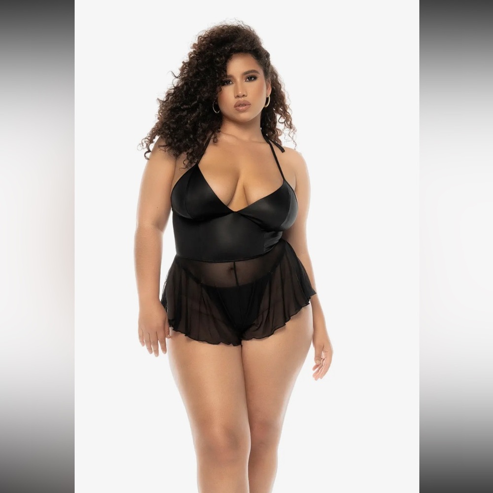 Plus Lingerie Wet Look Mesh Romper + Thong